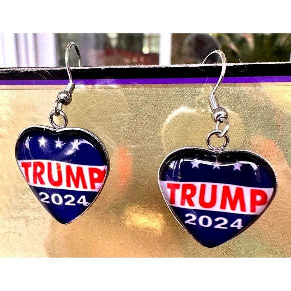 Trump 2024 MAGA Earrings Patriotic New Heart Shaped Dangle Hooks Electi… - Picture 4 of 12